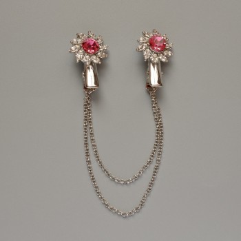 Broche para cárdigan «Flor» con strass blancos y cristales rosados, metal plateado de 18×25 mm, cadena de 10 cm