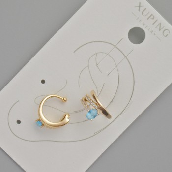 Arete tipo cuff Xuping con cristal azul y strass blancos, diámetro 11,5×5,5 mm ±, baño de oro de 18 quilates