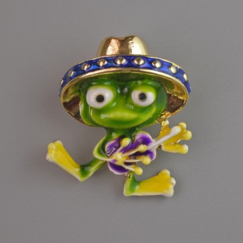 Broche colgante rana con esmalte verde y morado, metal dorado 30×27 mm