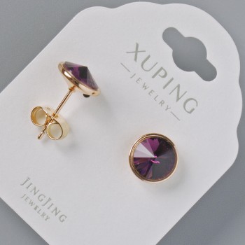 Pendientes tipo botón Xuping con cristales Swarovski color burdeos, diámetro 10 mm, baño de oro de 18K