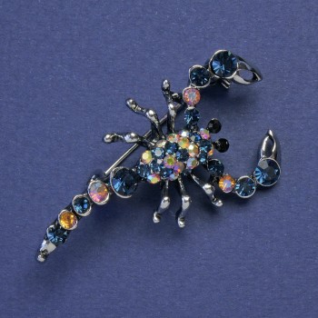 Broche Escorpión con cristales azules y petróleo, color plateado del metal, 47×25 mm +