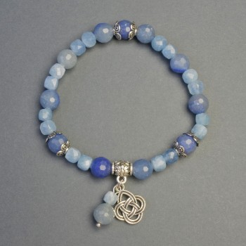 Pulsera de aguamarina y aventurina azul con colgante de nudo, diámetro 6 mm ± y 8 mm ±, longitud 18 cm ±, elástico