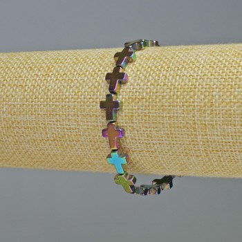 Pulsera de hematita 'Cruz' color camaleón, diámetro 8,5×10,5×3 mm, longitud 18 cm ± (elástico)