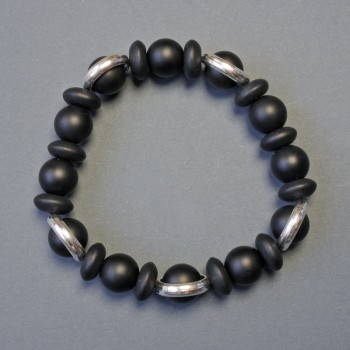 Pulsera de shungita con bolas lisas de 10 mm y rondeles de 10×4 mm (+/-), longitud 18 cm, base elástica
