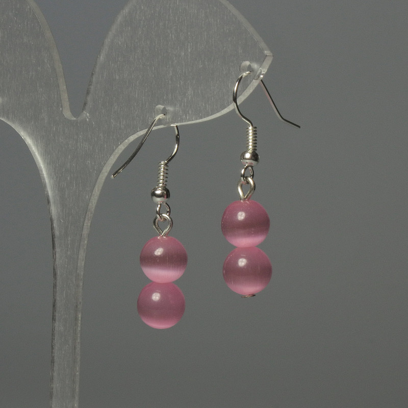 Pendientes ojo de gato rosa, bolas de 8 mm, longitud 35 mm+