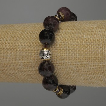 Pulsera de granate con bolas lisas de 12 mm ± y bolas facetadas de 6 mm ±, longitud 18 cm, elástica