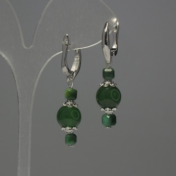 Aretes de crisoprasa, cuentas en bola, diámetro 10 mm ±; ojo de gato facetado cúbico de 4 mm ±; longitud 40 mm ±