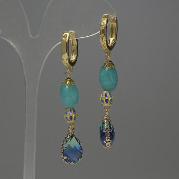 Pendientes de aguamarina en grano, diámetro aproximadamente 12 mm, cloisonné de 6 mm, cristal en montura 14×10 mm, longitud 58 mm