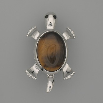 Broche-colgante «Tortuga» con ojo de tigre 52×35 mm ± piezas móviles, metal plateado