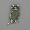 Broche-colgante Búho con nefrita, 45×25 mm ±, cristales negros, metal plateado