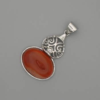 Colgante cabujón de cornalina 50×28 mm ± metal plateado