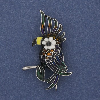 Broche Loro esmaltado colorido metal plateado 51×31 mm+