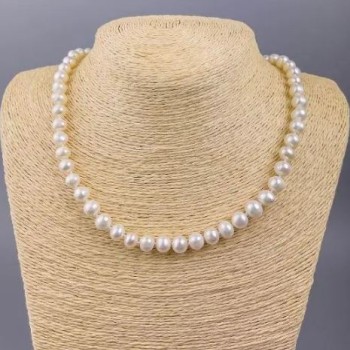 Collar de perlas de río redondas, diámetro 8–9×7 mm ±, longitud 45 cm ±, con cierre