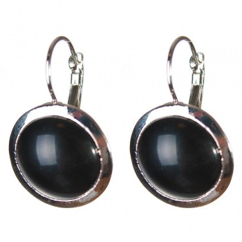 Pendientes con descuento de ágata negra, montura lisa, piedra redonda de 2 cm, longitud 3,1 cm