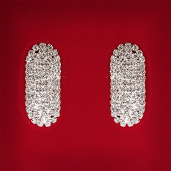 (45x25 mm) Aretes femeninos blancos con strass, metal claro, para bodas y eventos nocturnos, aretes tipo botón ovalados alargados