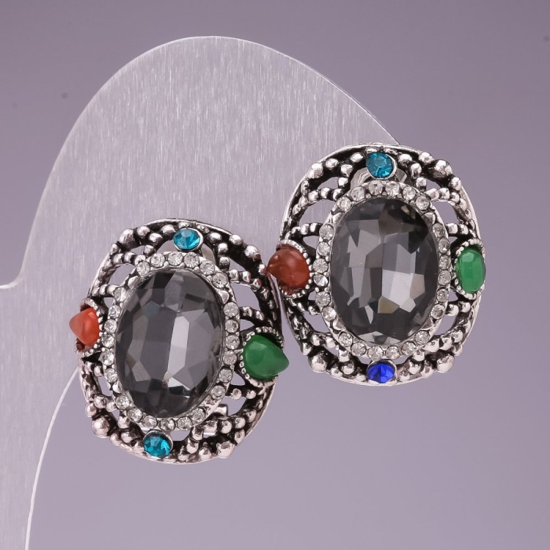 Pendientes 2×2,5 cm arcoíris ovalados con strass y cristal gris