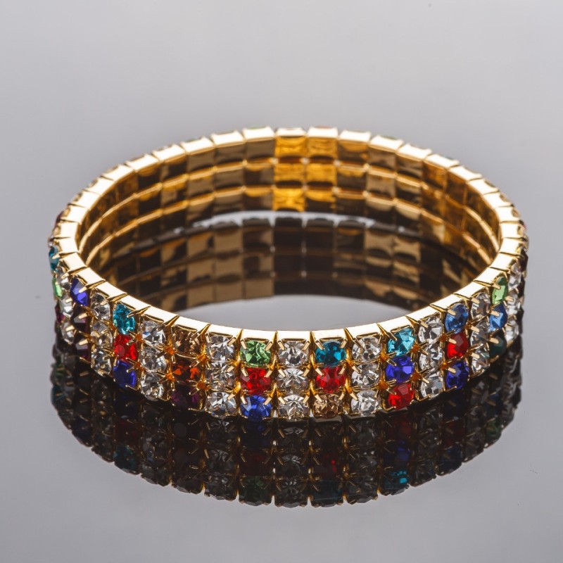 Pulsera elástica de strass dorada, tres hileras, multicolor, circunferencia 17 cm