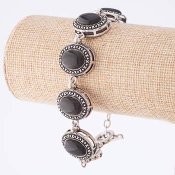 Liquidación: pulsera de ágata en montura «punto cruz» — piedra ovalada 22×18 mm, 7 uds., longitud 20–22 cm