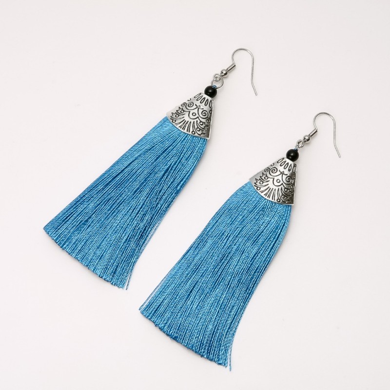 Pendientes de borlas «Almina» azules, longitud de 10 cm