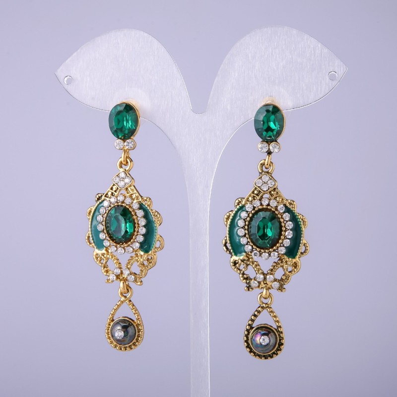 Pendientes de estilo oriental con cristales verdes, 65 mm de largo