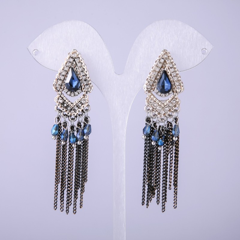 Pendientes de estilo oriental con cristales azules, longitud 70 mm