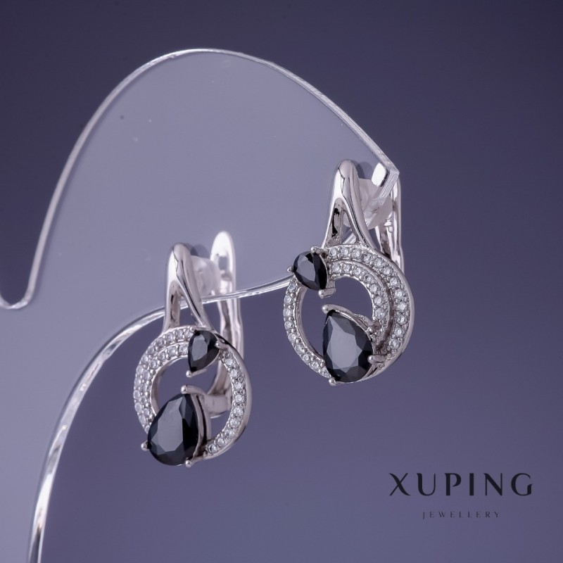 Pendientes Xuping 20×12 mm con rodio y piedra negra