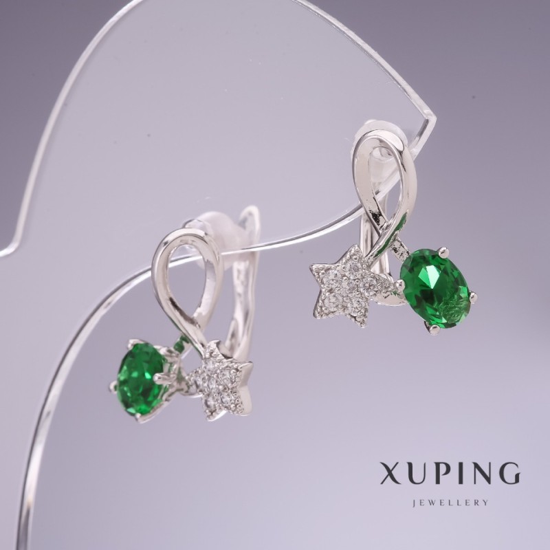 Pendientes Xuping con circonita verde 'Estrellas' 17×14 mm rodio
