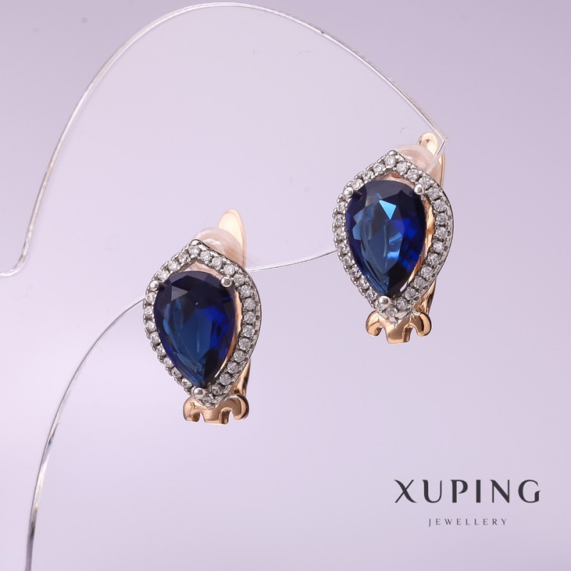 Pendientes Xuping con piedras azules 10×14 mm, baño de oro 18K
