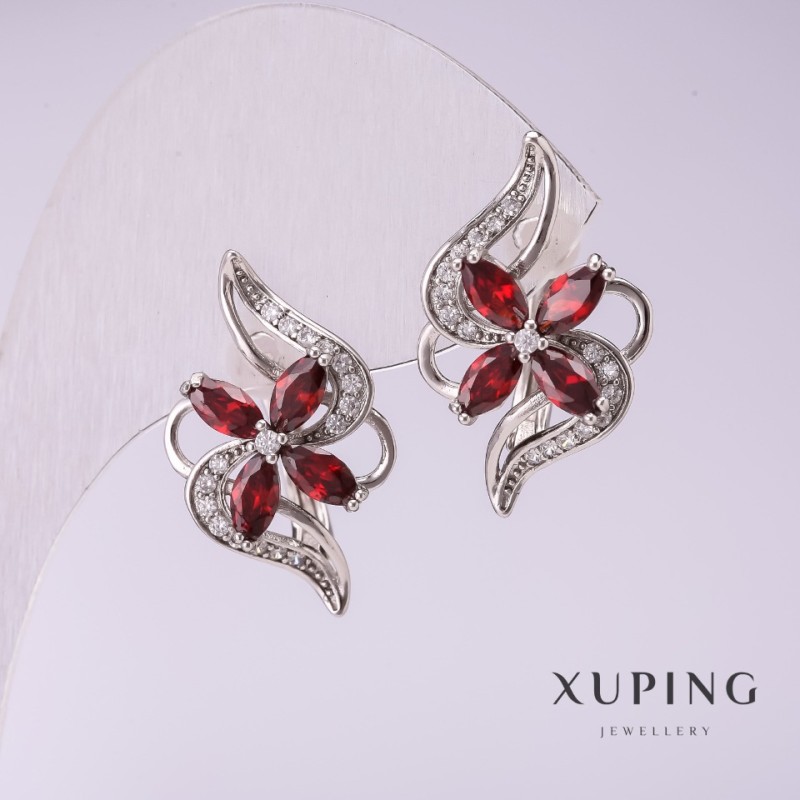 Pendientes Xuping con piedras rojas de 10×24 mm, rodio