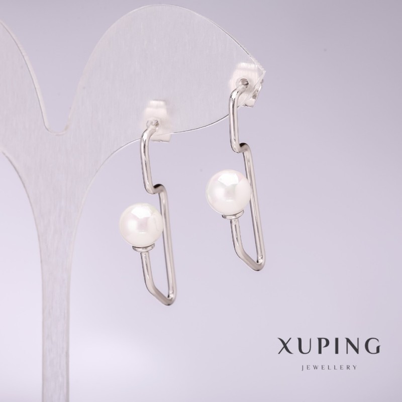 Pendientes Xuping con perlas blancas de Mallorca 34×8 mm, rodio