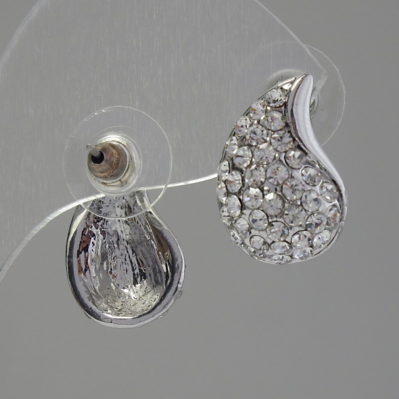 Pendientes de botón con strass, color blanco, 12×18 mm, metal plateado