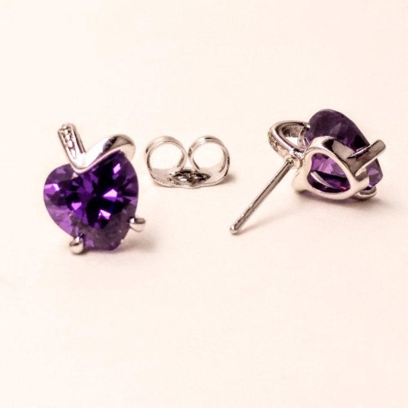 Pendientes Xuping tipo botón, corazón con piedra violeta, diámetro 11×9 mm, rodio