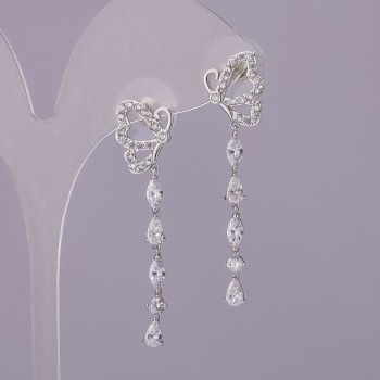 Aretes tipo botón «Mariposas» con cristales blancos, metal plateado, 11×40 mm