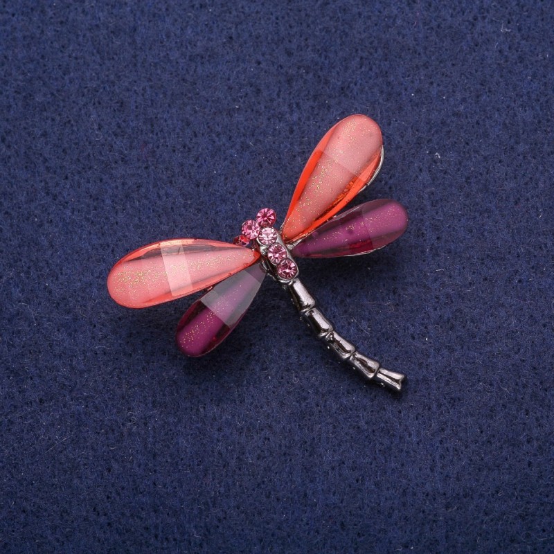 Broche libélula con cristales, metal plateado 32×43 mm