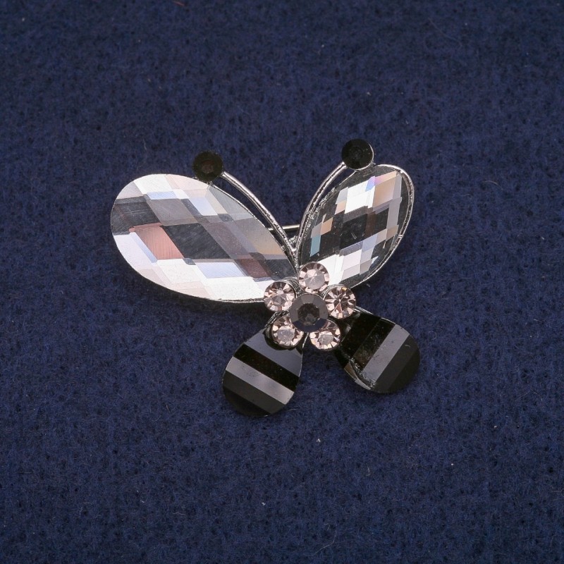Broche de mariposa con cristales, metal plateado 32×32 mm