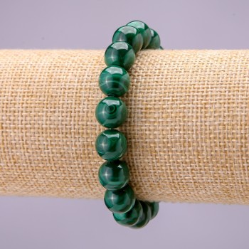 Pulsera de malaquita con cuentas lisas, diámetro de aproximadamente 10 mm, con elástico, longitud 18 cm