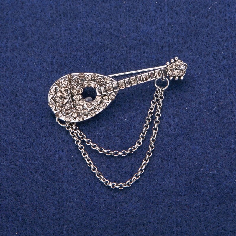 Broche Laúd con cristales grises 17×50 mm, metal plateado