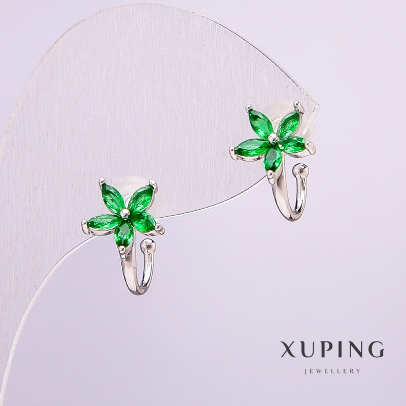 Arete tipo cuff Xuping rodio con piedras verdes, diámetro 8 mm +