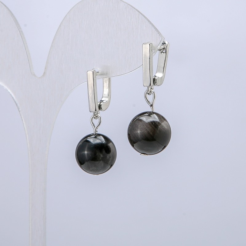 Pendientes de obsidiana plateada, diámetro 12 mm, longitud 30 mm +
