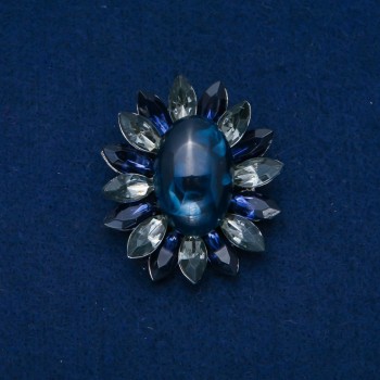 Broche Flor de ágata cabujón 50x43 mm, color azul y gris, metal plateado