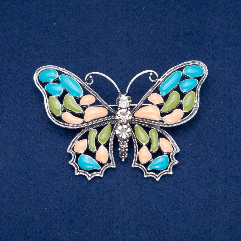Broche Mariposa plateado con esmalte y cristales +