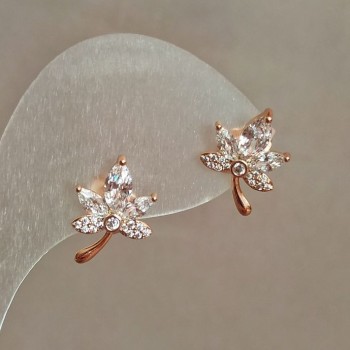 Aretes tipo botón 'Hoja' Xuping, baño de oro 18K, con cristales blancos y strass, diámetro 15×10 mm +
