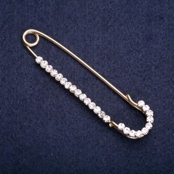 Broche con alfiler y strass blancos, 70×16 mm, metal dorado cálido