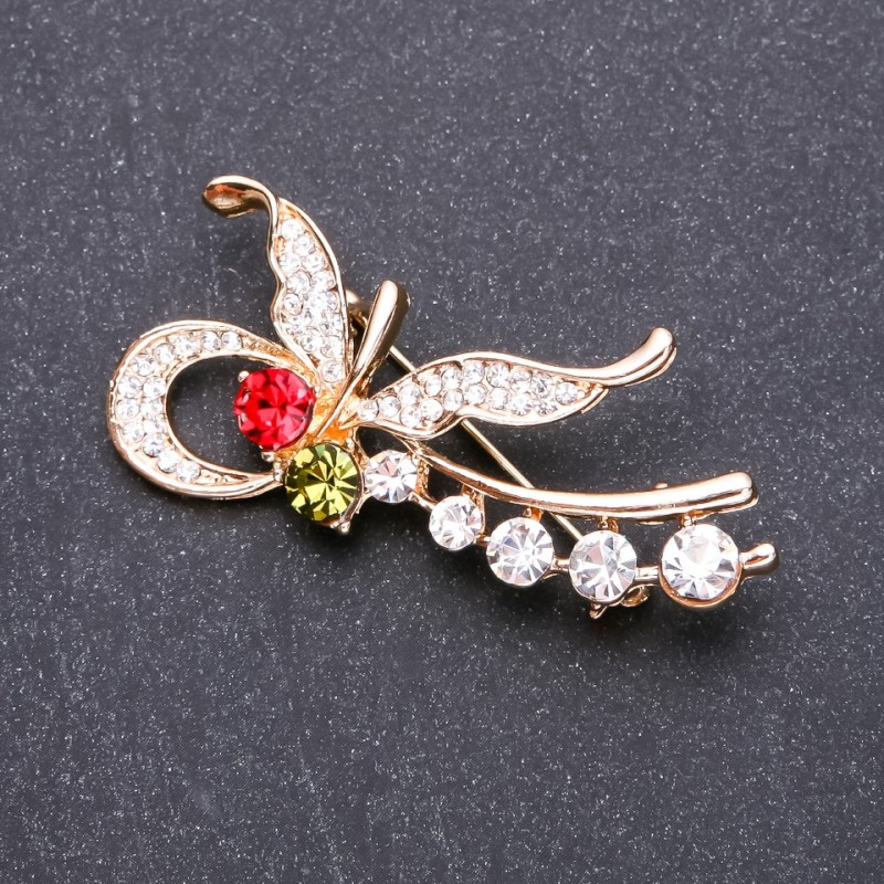 Broche mariposa con strass multicolor, 55×25 mm, metal dorado