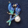 Broche «Pareja de loros» 5,5×2 cm esmalte azul, metal amarillo