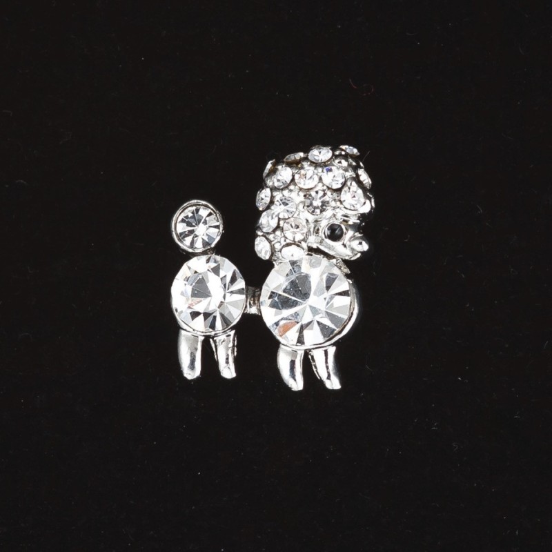 Broche mini caniche real con strass, color plateado, 1,5 cm