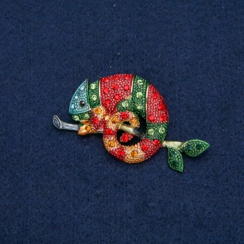 Broche Camaleón de metal dorado con strass negros, amarillos, verdes, rojos, verde oscuro y azul claro 63x35 mm +