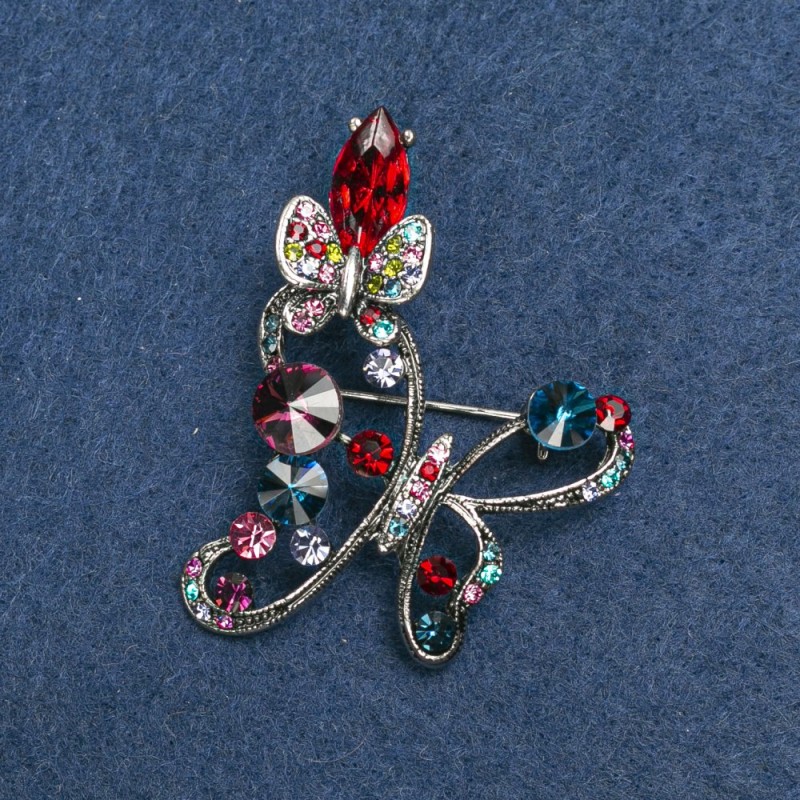 Broche "Mariposa" plateado, de metal y cristales, 50 mm +