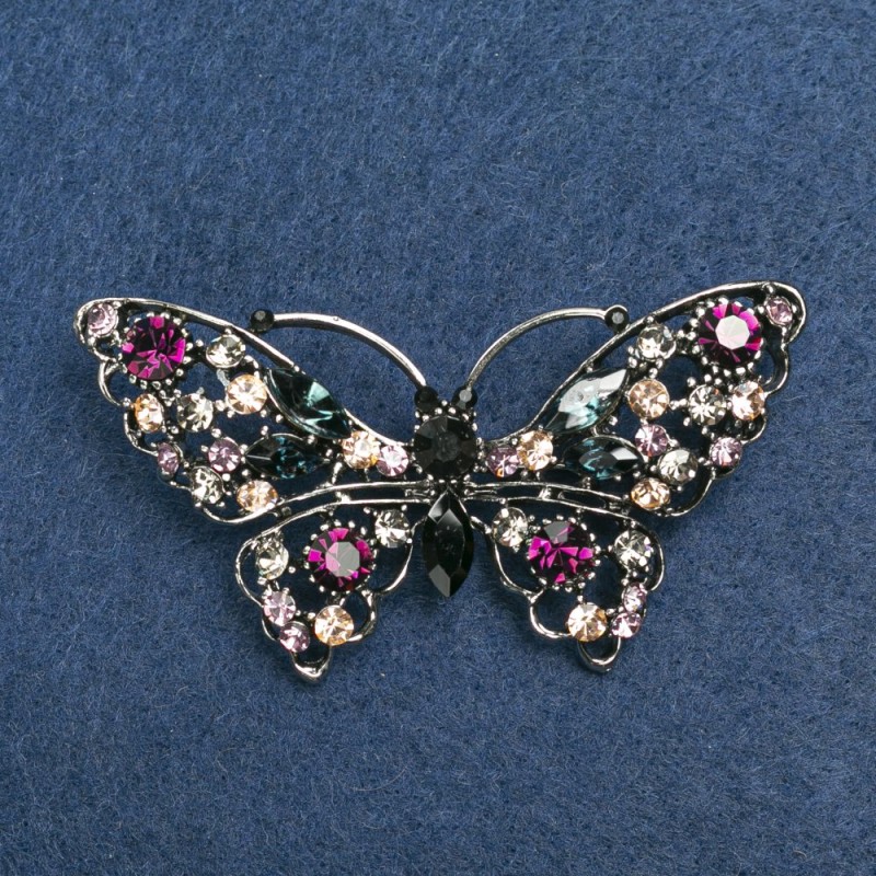 Broche mariposa multicolor con strass, metal plateado 70×39