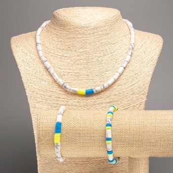 Conjunto «Ucrania» de caolín natural y piedra en cilindro, diámetro 10×6 mm ± y arcilla polimérica, longitud 46 cm ±, longitud 18 cm (elástico)